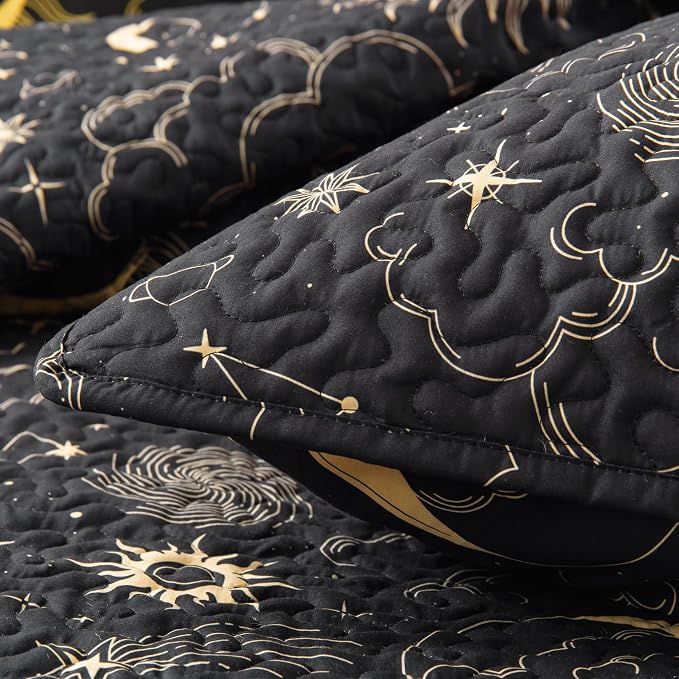 EXQ Home Quilt Set Full Queen Size Black Print Black Sun Starry Pattern | - Image 5