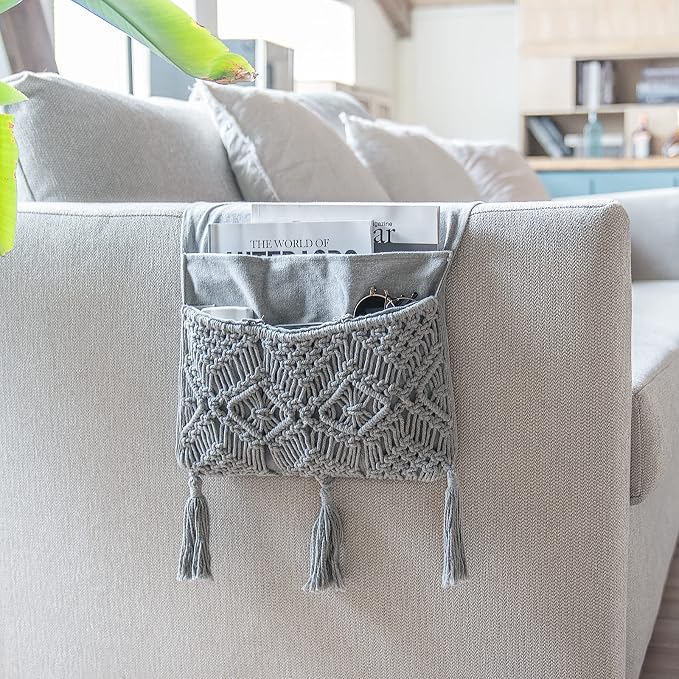Mkono Macrame Armchair Caddy, Boho Couch Armrest Organizer, 4 Pockets Grey | - Image 2