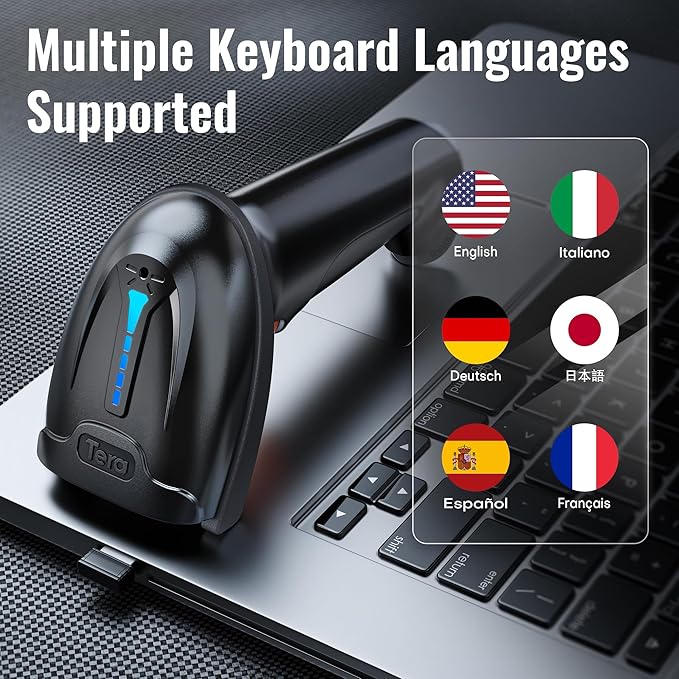 Tera 1D 2D QR Barcode Scanner Wireless and Wired with Battery Level Indicator Digital Printed Bar Code Reader Cordless Handheld Barcode Scanner Compact Plug and Play Model D5100