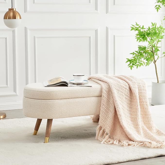 IAFIKE Oval Storage Bench 43.5" Ottoman Bench Upholstered Boucle Fabric by ABrandwithtemperature