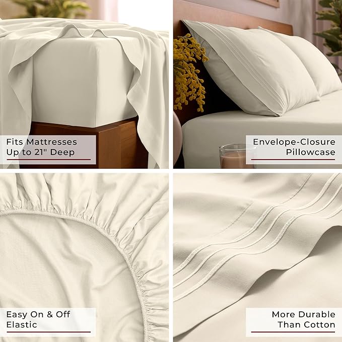 Mellanni King Sheet Set - 6-Piece Iconic Collection Bedding, (Including 4 Pillowcases), 21-Inch Extra Deep Pocket, Easy Care, Ultra Soft, Cooling Sheets, Brushed Microfiber - Golden Ivory