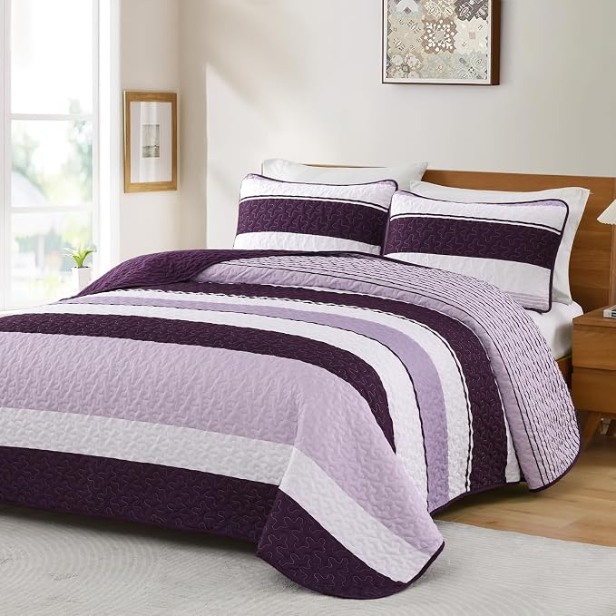 Dinjoy Queen Boho Striped Quilt Set, Breathable All-Season, 3-Piece Set Fits - Image 2