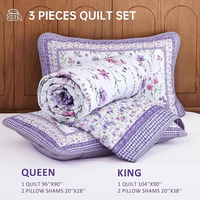 WONGS BEDDING Floral Quilt Set King, Cute Purple Flower Bedspread Coverlet | - Image 7