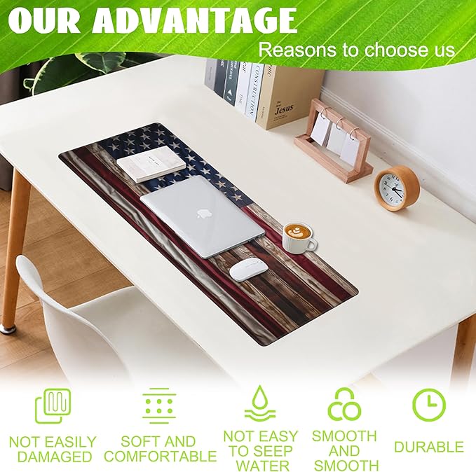 Eflxamz Large Gaming Mouse Pad for Desk,Wooden American Flag Desk Mat,Wooden USA Flag Desk Pad,Extended Big Computer Keyboard Mouse Pad with Non-Slip Base and Stitched Edge,31.5"x11.8"