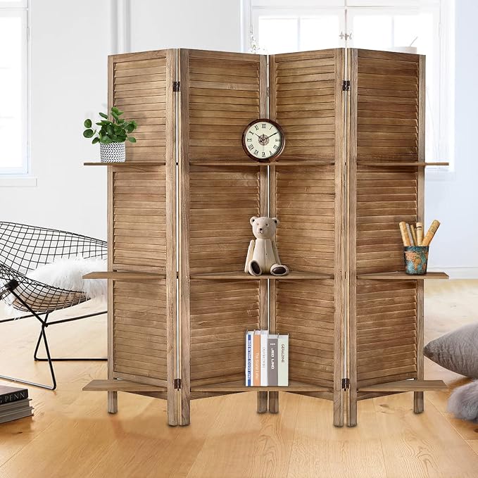 Room Divider with Shelves, 4 Panel Brown Privacy Screen | Partition Room - Image 7