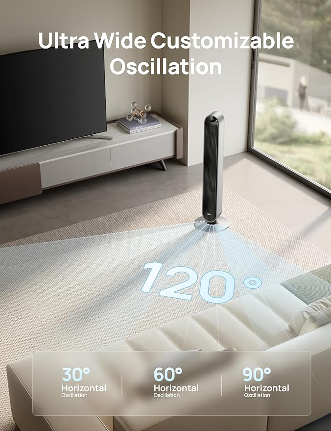 DREO Tower Fan for Bedroom, 42 Inch 120° Oscillating Fan, 25dB Quiet DC Motor, 28ft/s Velocity Bladeless Standing Fan with 12 Speeds, 4 Modes, 12H Timer Cooling Fans for Home, Living Room, Pilot Max S