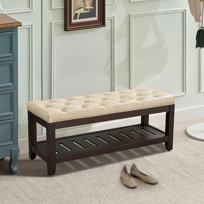 LOULENS 44'' Leather Storage Bench, Modern Upholstered Ottoman, Ivory | Solid - Image 6