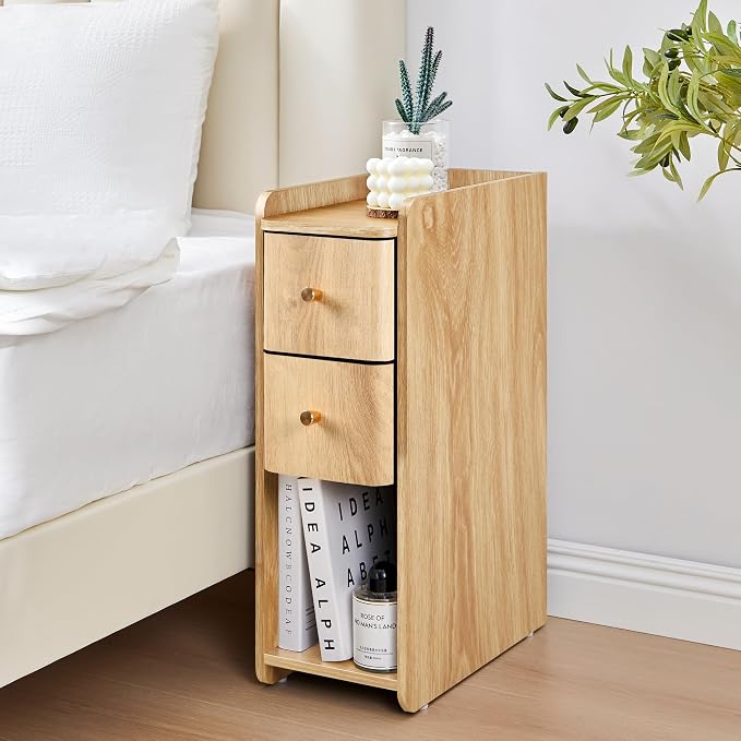 Narrow Nightstand Set of 2, Wooden Small 2 Drawer Nightstand, Slim Side End - Image 8
