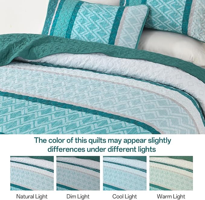 Dinjoy Boho Quilt Set, Turquoise Bedspread Queen Size, Striped Plaid Spring - Image 7
