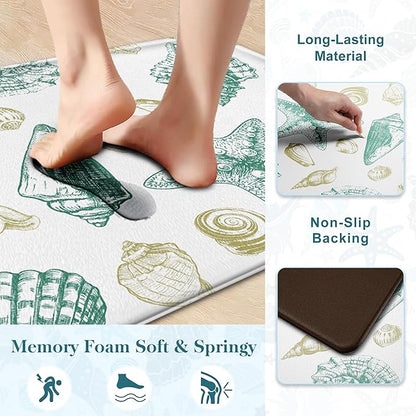 Kitchen Mats for Floor Cushioned Anti Fatigue Sets of 2 Beach Theme Kitchen Rugs Non Slip Waterproof Coastal Foam Kitchen Floor Rug Nautical Seashell Comfort Standing Mat For Sink Laundry, Green