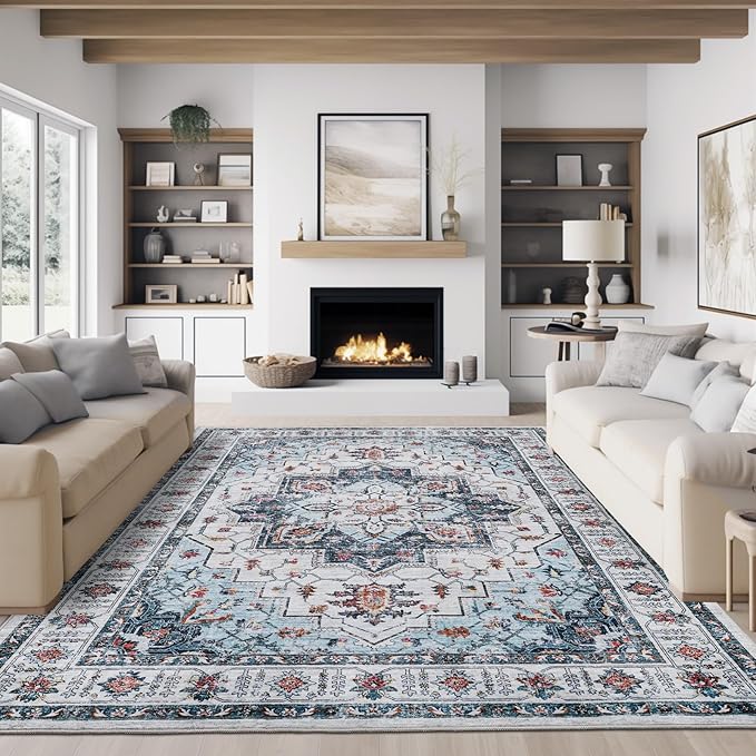 zesthome Area Rugs 9x12, Washable Rug Non-Slip Low Pile Rugs for Living Room, Bedroom, Home Decor Vintage Large Area Rug (Blue,9'x12')