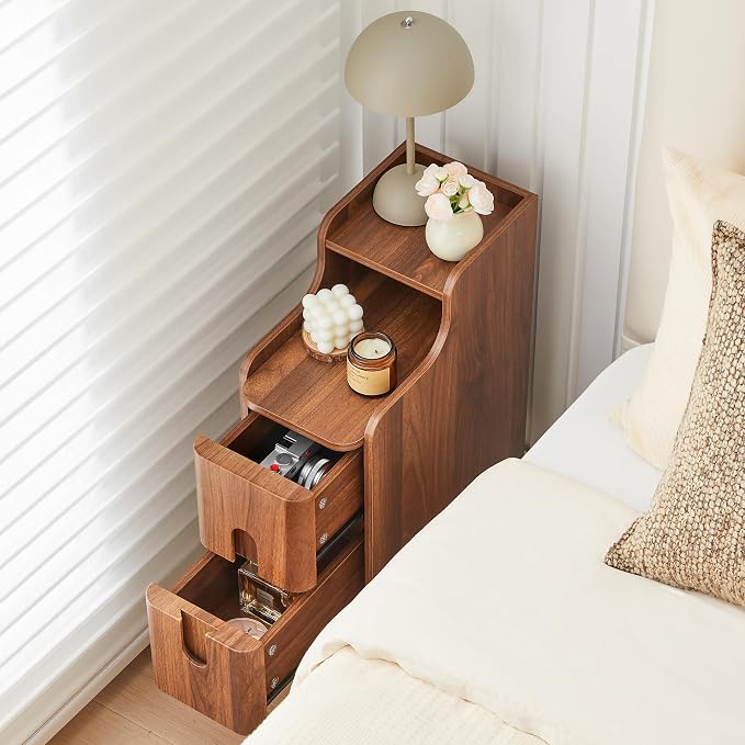 Narrow End Table Living Room, Wooden Small 2 Drawer Nightstand Bedroom - Image 3
