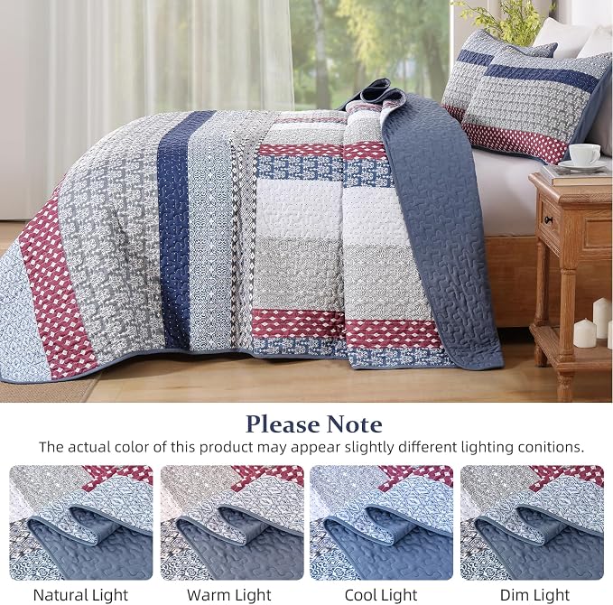 WONGS BEDDING Queen Size Quilt Set, Boho Striped Patchwork Bedspread | 3 Pieces - Image 5