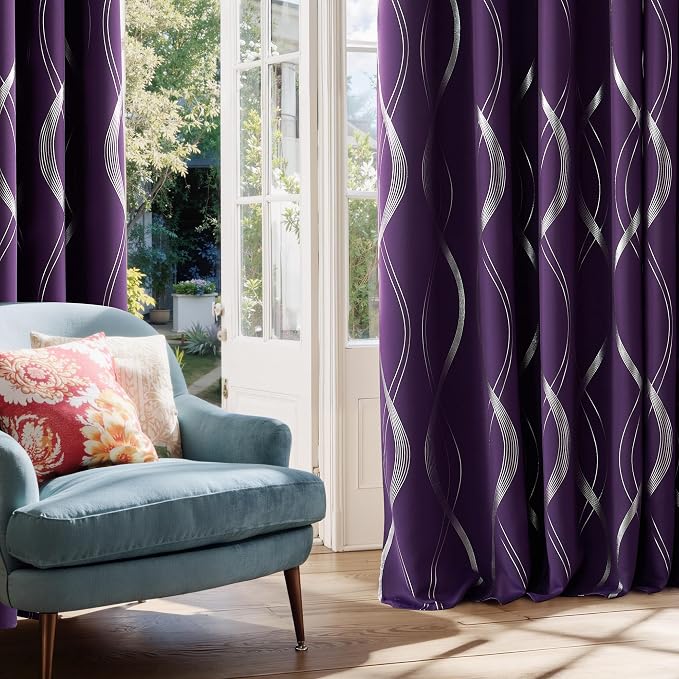 NICETOWN Royal Purple Blackout Curtains 84 inch Long Wave Line Foil Print | - Image 3