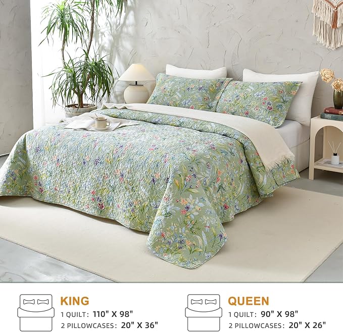 QSH 100% Cotton Quilt King Size Bedding Set 3Pcs Green Floral Quilt Set Summer - Image 7