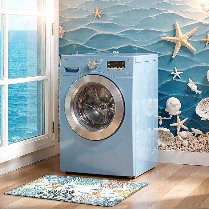 Kitchen Mats for Floor Cushioned Anti Fatigue Sets of 2 Coastal Kitchen Rugs Non Slip Waterproof Nautical Foam Kitchen Floor Rug Beach Theme Coral Fish Comfort Standing Mat for Sink Laundry, Teal