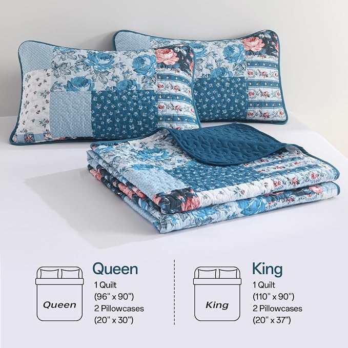 Anibedding Quilt Set King Size, 3 Pieces Blue Floral Patchwork Bedspread - Image 8