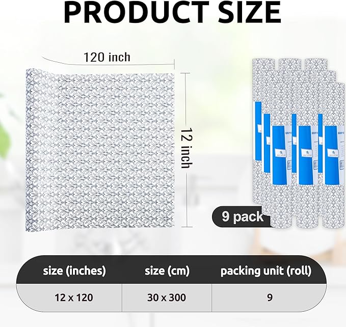 RAY STAR 12X120 Inch Shelf Liner for Kitchen Cabinets, Non-Adhesive Cabinet Liner Washable, PVC Drawer Liner for Dresser Non-Slip Bathroom (Black Floral)(9 Roll)