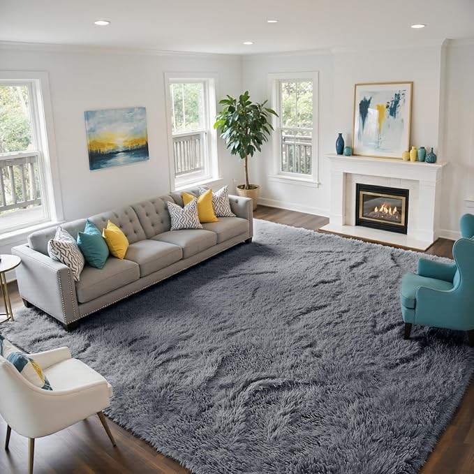 Grey 9x12 Area Rugs for Living Room, Fluffy Shag Rug Large Bedroom Carpet | by Yongyangjuxi