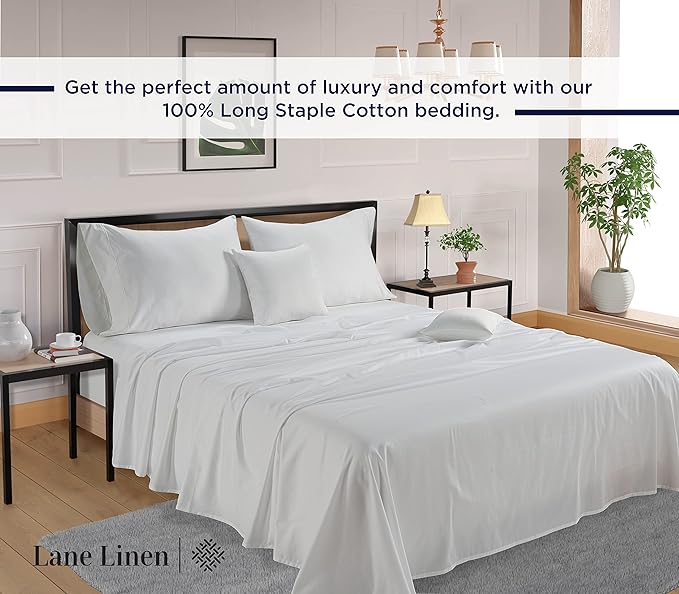LANE LINEN 600 Thread Count 100% Cotton Cal King Sheet Set, Soft & Confy Hotel Style Thick White Cal King, Mercerized Cotton for Silky Finish, Fully Elasticized Fitted Sheet Luxury - White