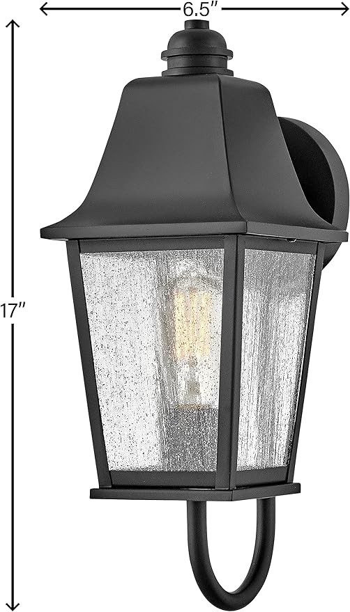 Hinkley Kingston Single Light Wall Mount Outdoor Lantern - Oversized Sweeping Roof & Bottom Arm, Aluminum, Clear Seedy Glass - Black Finish