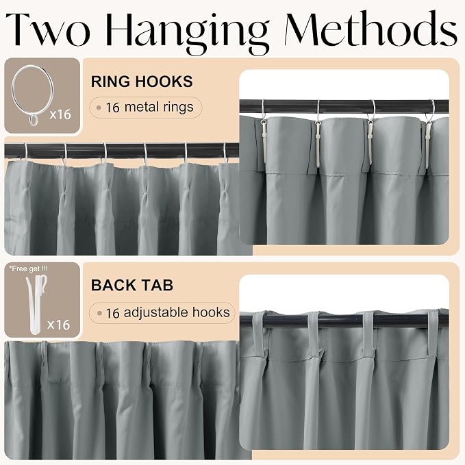 Etherealveil Charcoal Gray Pinch Pleated Blackout Curtains 2P 52"x102" | Back - Image 6
