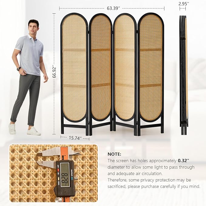 4 Panel Rattan Room Divider, Folding Room Divider Screen, Arched Room Separator - Image 3
