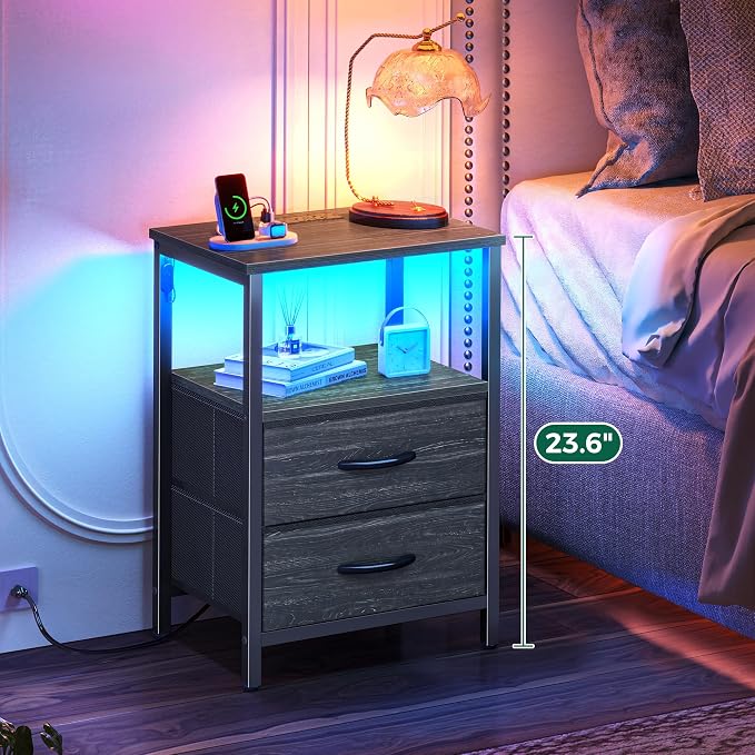 Huuger Night Stand with Charger Station and LED Lights, 2 Drawer Nightstand | - Image 4