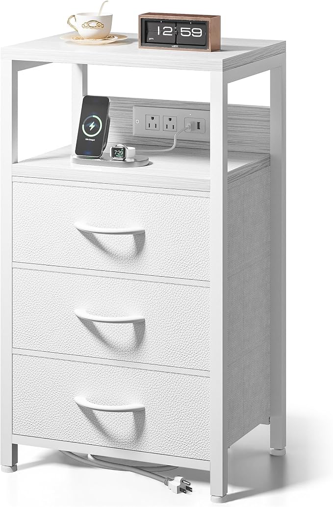 Lazzanto Night Stand with Charger Station, 3 Fabric Drawers, Bedside Table by Lazzanto