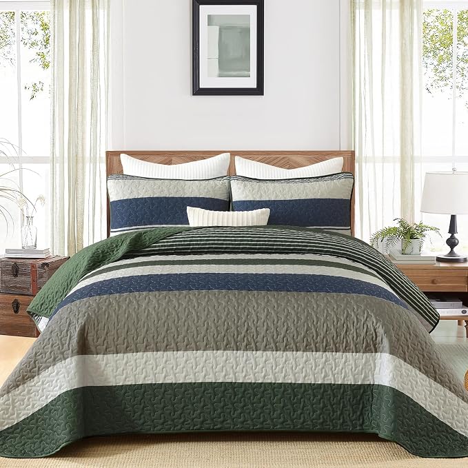 Dinjoy King Boho Striped Quilt Set, Breathable All-Season, 3-Piece Set Fits by DINJOY