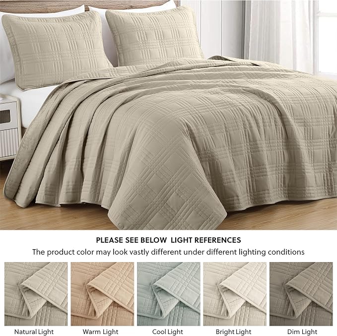 Chezmoi Collection Kingston King Size Bedspread Set, 3-Piece Khaki Oversized - Image 5