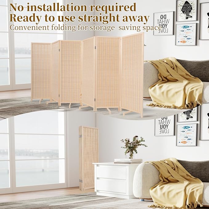 Bamboo Room Divider 6 Panel 47" H, 360°Rotating Feet Privacy Screen, Portable - Image 4