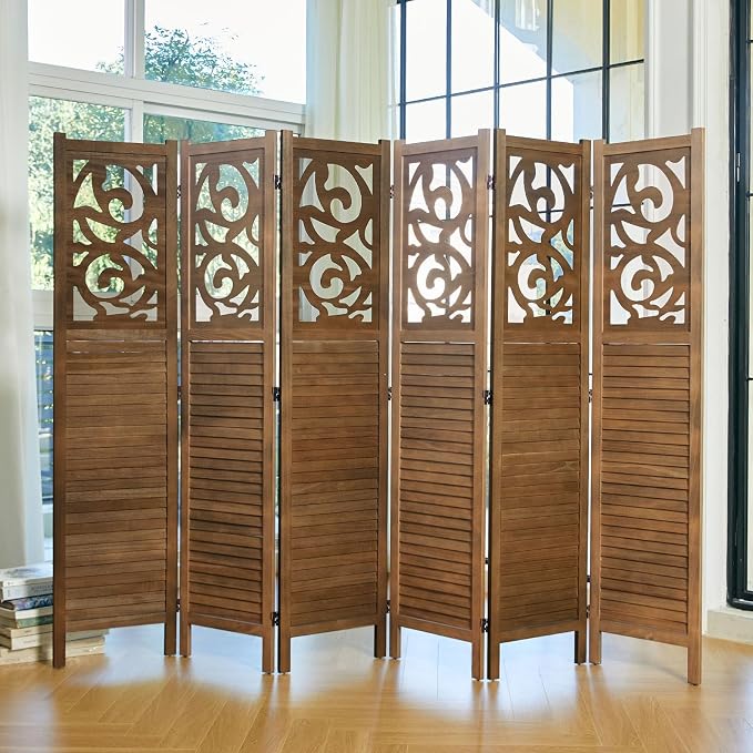 Svimi Folding Room Divider, 5.6Ft 6 Panels Wood Carved Privacy Screens - Image 7