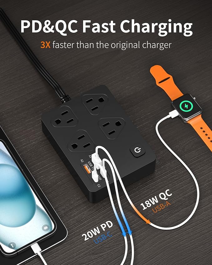 Power Strip Flat Plug with 4 AC Outlets 4 USB Ports, Surge Protector Charging - Image 3