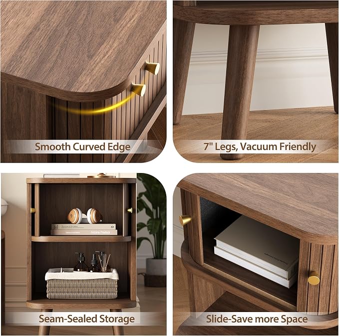 Decofy Fluted Nightstand, Charging Station & Sliding Door, Walnut | Open Shelf - Image 5