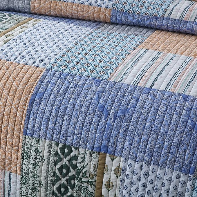 Autumn Dream Cotton Bedspread Bohemian Blue Quilt Bedding Sets, Queen Size | - Image 9