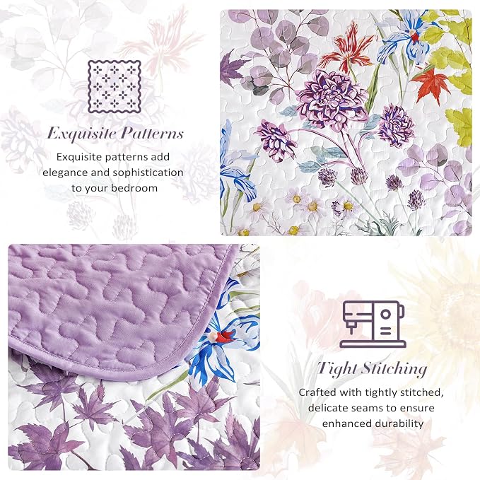 Yiran Purple Floral Quilt Set Queen Size, Sunflower Botanical Bedding Set | 3 - Image 7