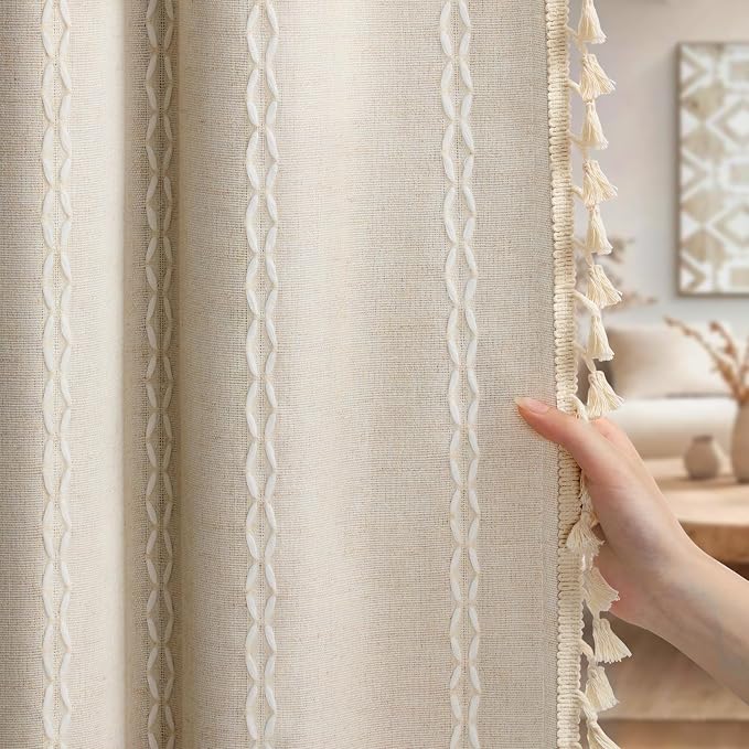 Boho 100% Blackout Curtains 90 Inch 2 Panels Linen Blend Beige | Vintage - Image 8
