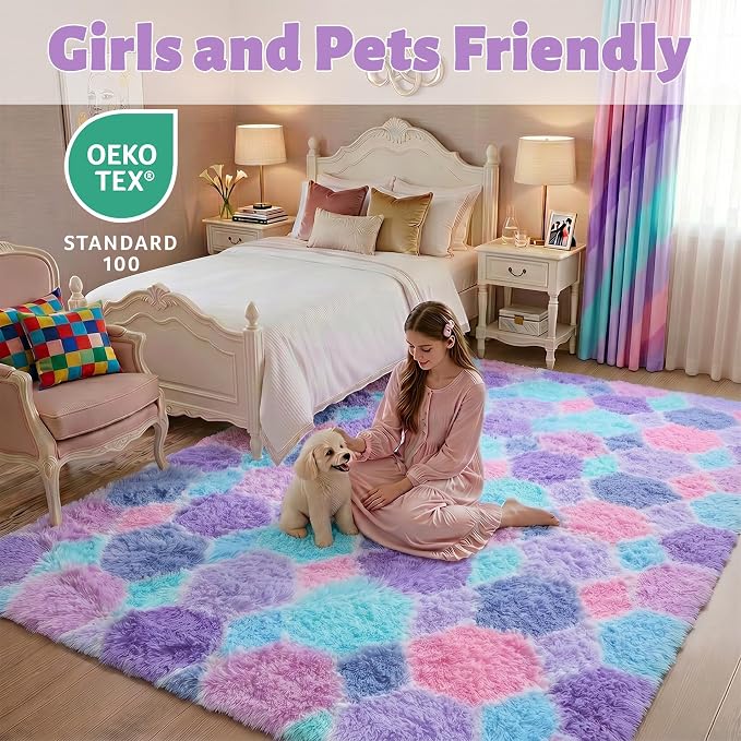 Checkered 6x9 Area Rugs for Living Room, Fluffy Purple Rainbow Colorful Rug for - Image 6
