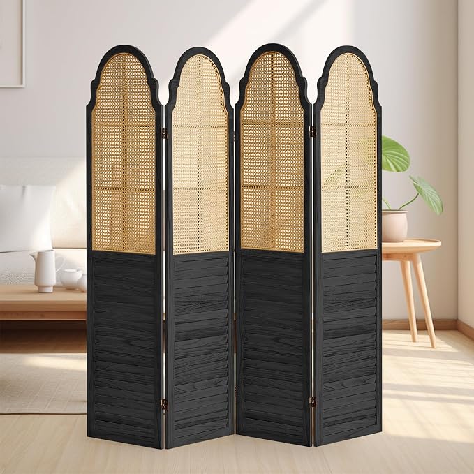 4 Panel Wood Room Divider, Folding Privacy Screen, Rattan Room Divider Wall - Image 6