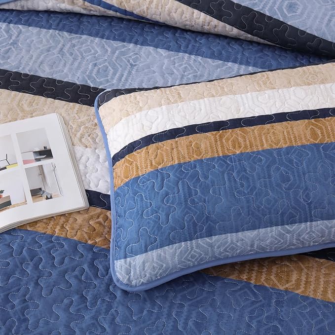 Dobuyly King Size Striped Quilt, Boho Blue Lightweight Bedspread Bedding Set | - Image 8