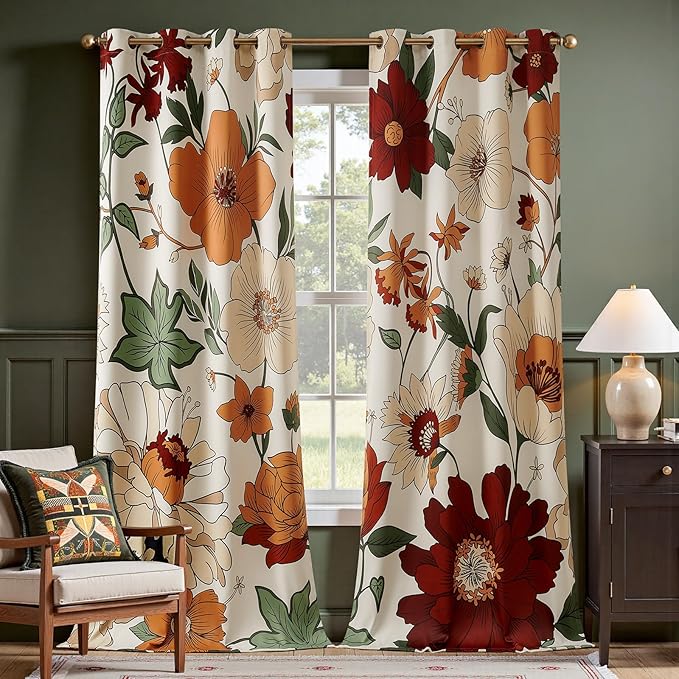 jinchan Beige Boho Floral Blackout Curtains 96 Inch Grommet 2 Panels | Room by JINCHAN