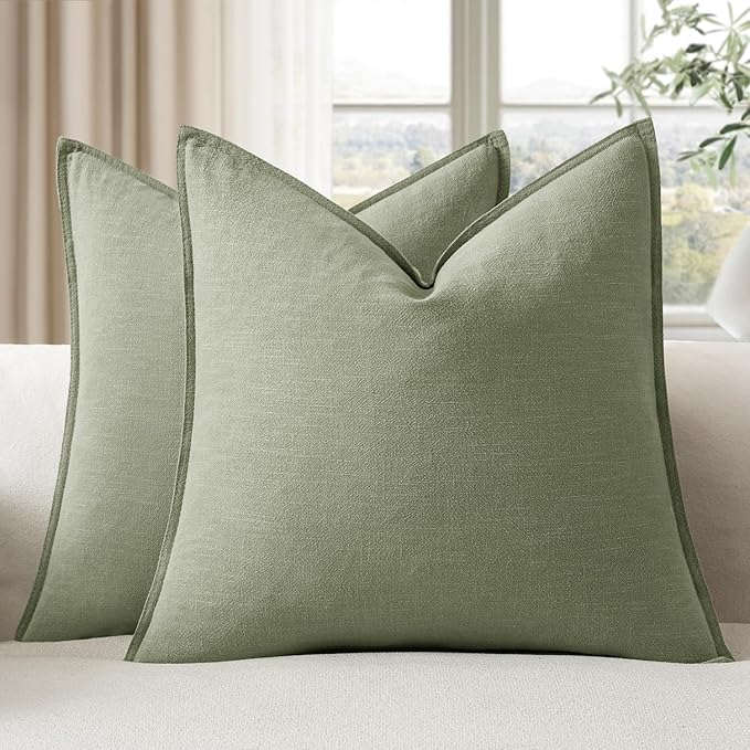 EMEMA Decorative Linen Throw Pillow Covers 26x26 Inch Grass Green Boho Farmhouse Neutral Couch Throw Pillows for Bed Pack of 2 Accent Pillowcase Modern Sofa Cushion Livingroom Home