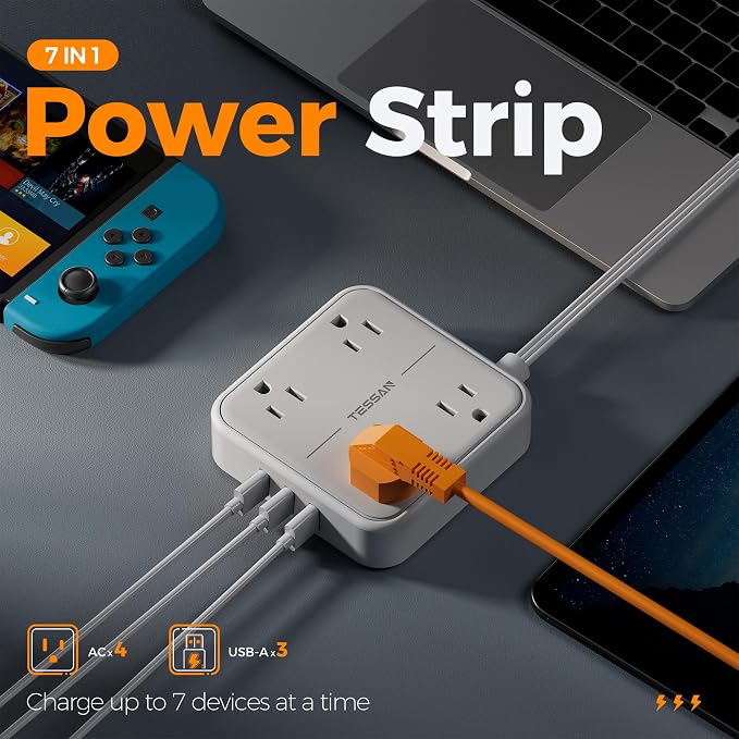 TESSAN Surge Protector Flat Extension Cord 10Ft, Ring Plug Power Strip | 4 - Image 2