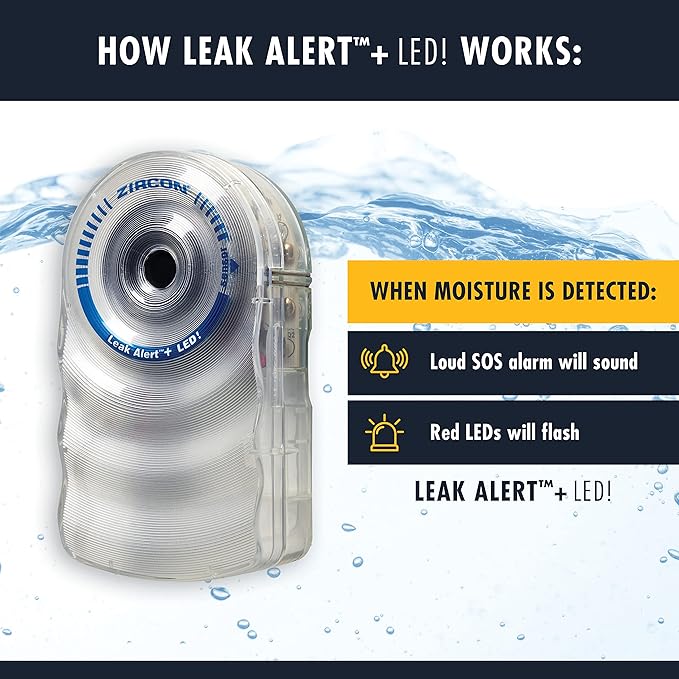 Zircon Leak Alert + LED! Water Leak Detector & Flood Sensor Alarm/Water Leak Sensor with Dual Leak Alarms 90Db Audio + Flashing LED Lights/Battery Powered (2 Pack) Batteries Not Included, (72314)