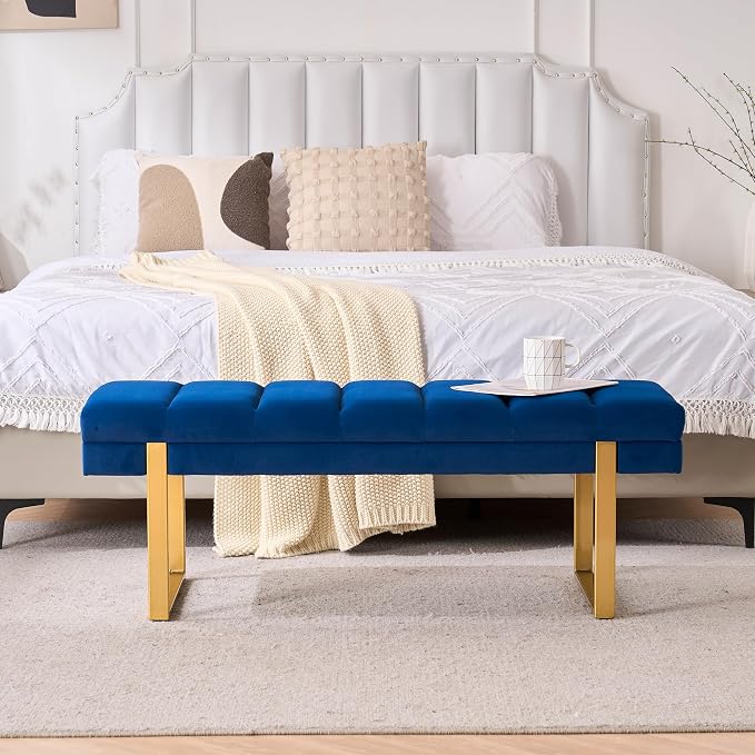 46" Velvet Navy Bench with Gold Legs - Image 4
