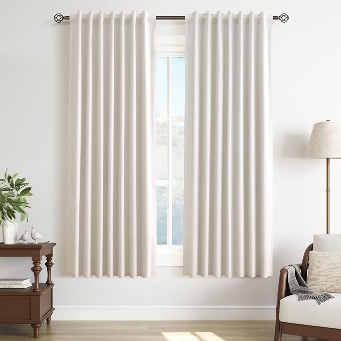 Cream 100% Blackout Linen Black Out Curtains 63 Inch Length Farmhouse Beige by Guken