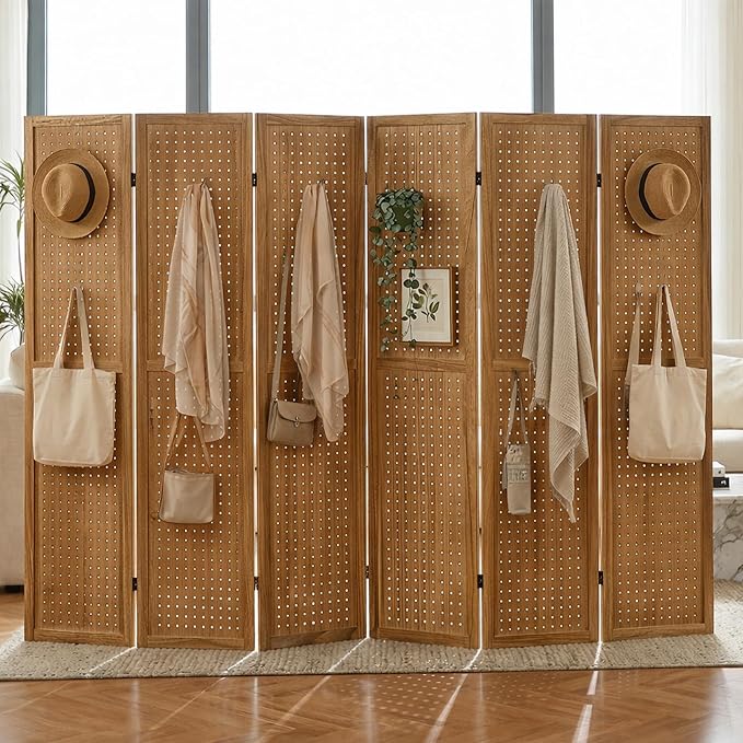 6 Panel Pegboard Room Divider, Folding Privacy Screen, Natural | 5.6 Ft Tall by Leesinwing
