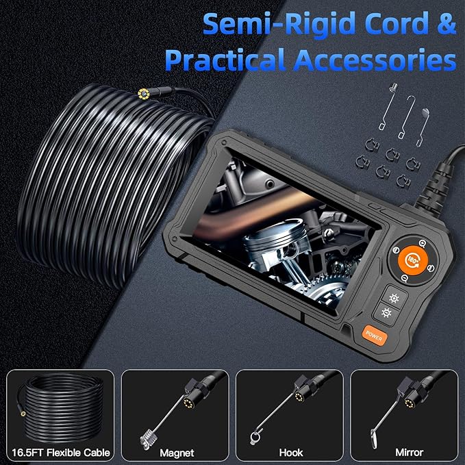 Endoscope Camera with Light - 4.3" LCD Screen Inspection Cameras,IP67 Waterproof Borescope with 8 Adjustable LED Lights,HD 1080P Endoscope Camera 16.5ft Semi-Rigid Cord,gifts for men tools and gadgets