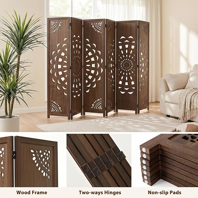 6 Panel Room dividers, 66.9" Boho Double-Sided Carved Screen, Freestanding - Image 8